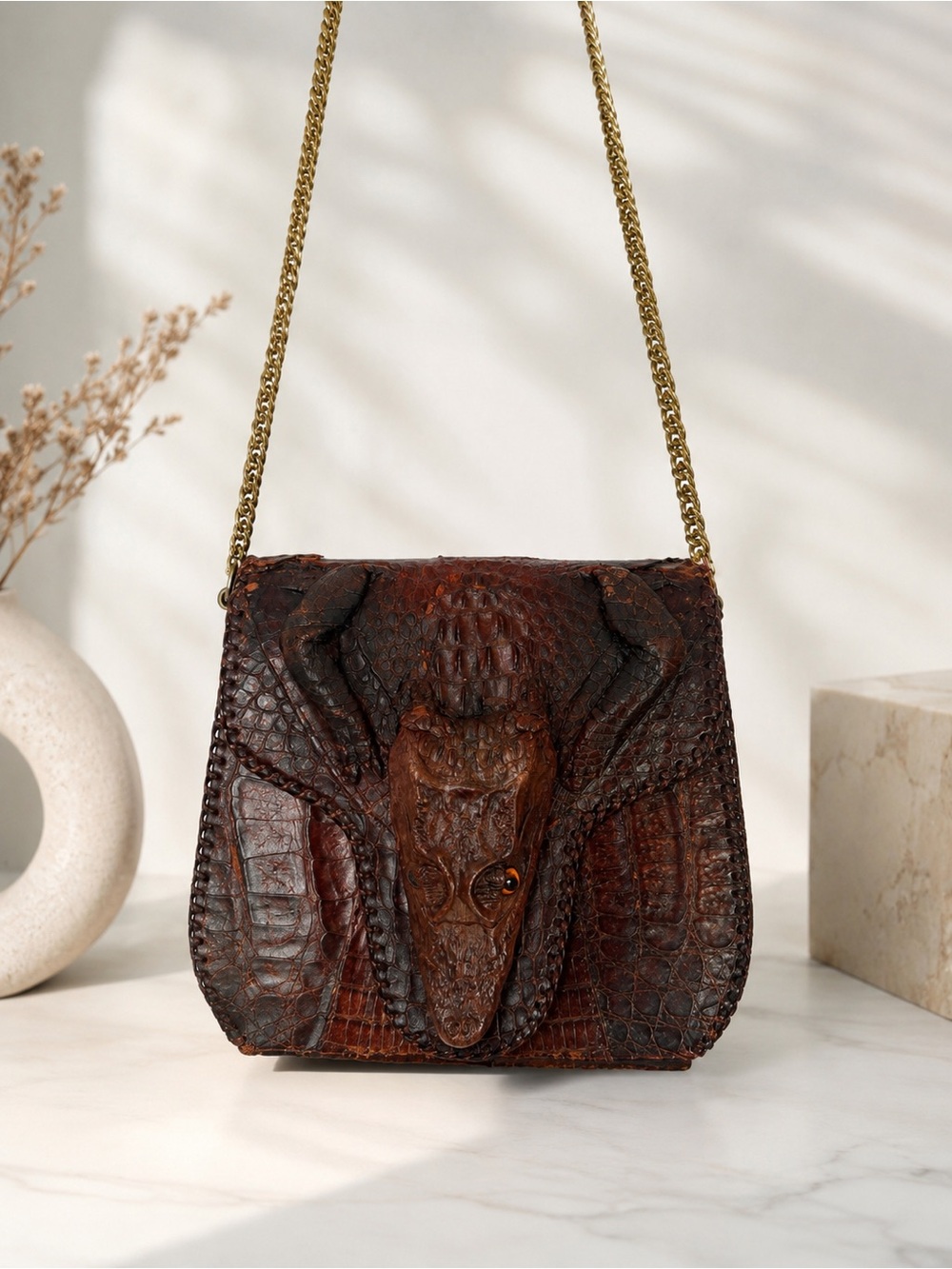 Dark Brown Crocodile-Embossed Shoulder Bag with Gold Chain